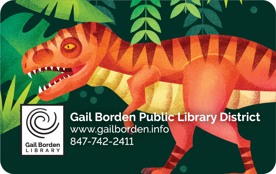 Library card with dinosaur image
